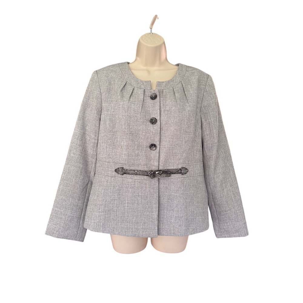 Isabella Suits Grey Pleated Collarless Blazer Jacket Snakeskin‎ Belt Size 12